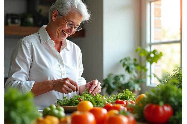 Mujer madura sonriente, preparando una ensalada fresca y colorida en una cocina moderna, simbolizando una relación saludable con la comida.