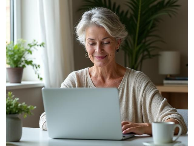 Mujer sonriendo y tomando notas desde su portátil, participando en un taller virtual de bienestar con una taza de té y plantas en un entorno hogareño y tranquilo.