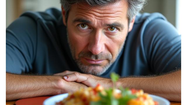 Hombre adulto con expresión pensativa mirando un plato de comida saludable, simbolizando la relación emocional con la alimentación.