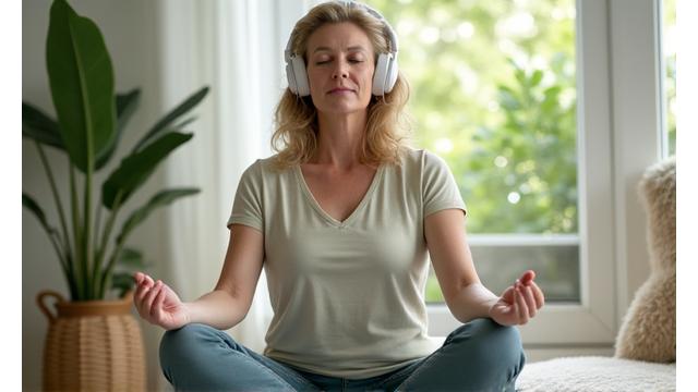 Mujer sonriente meditando tranquilamente en casa con auriculares, simbolizando un taller virtual de meditación.